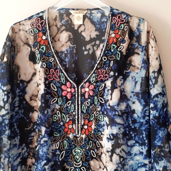 EUC Lucky & Coco blue, black & beige abstract print beaded sequined tunic caftan - Picture 8 of 9